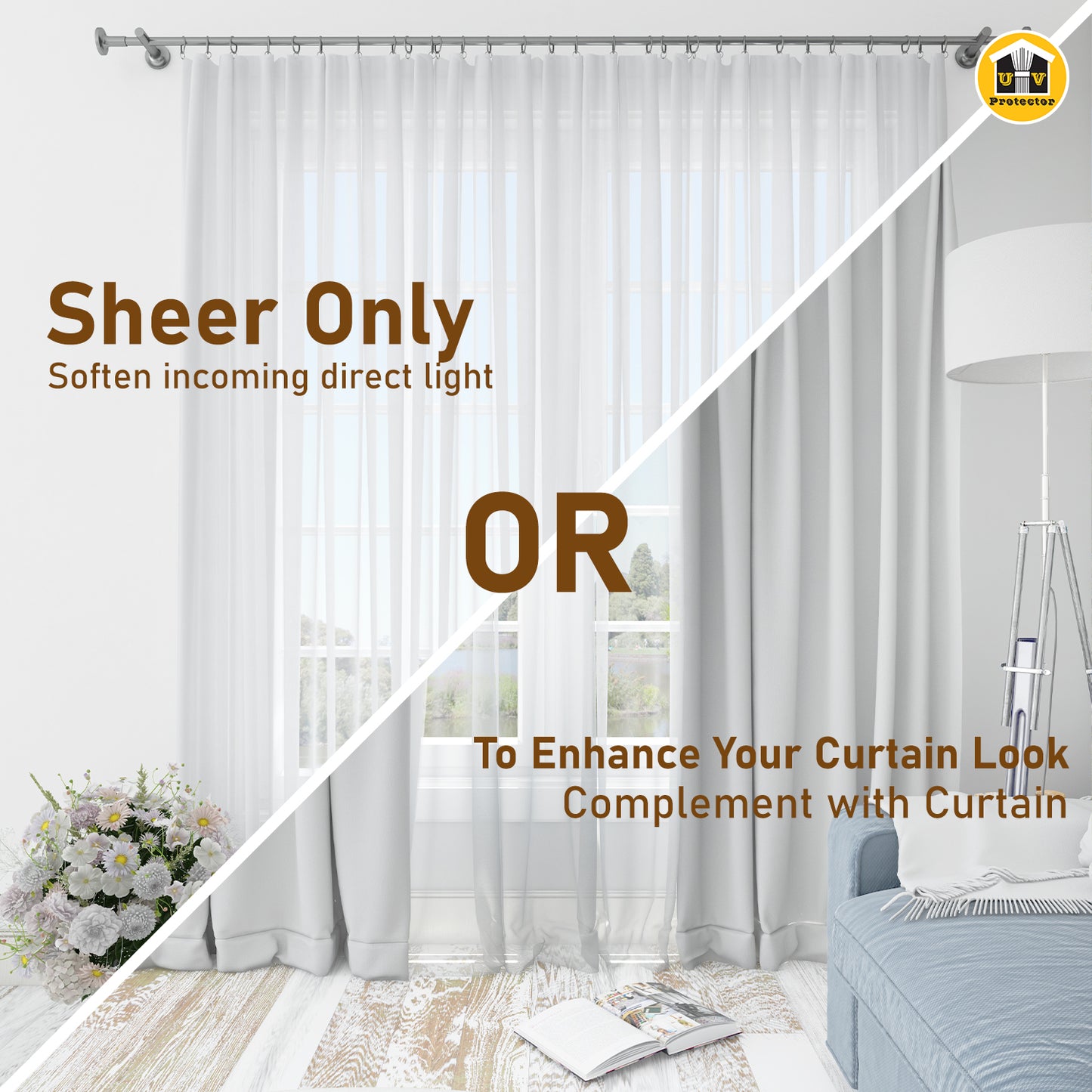Day Curtain SHEER Snow White Brown Quality Craftsmanship Fine Stitching Hook Ring 6 7 8 9 10 feet