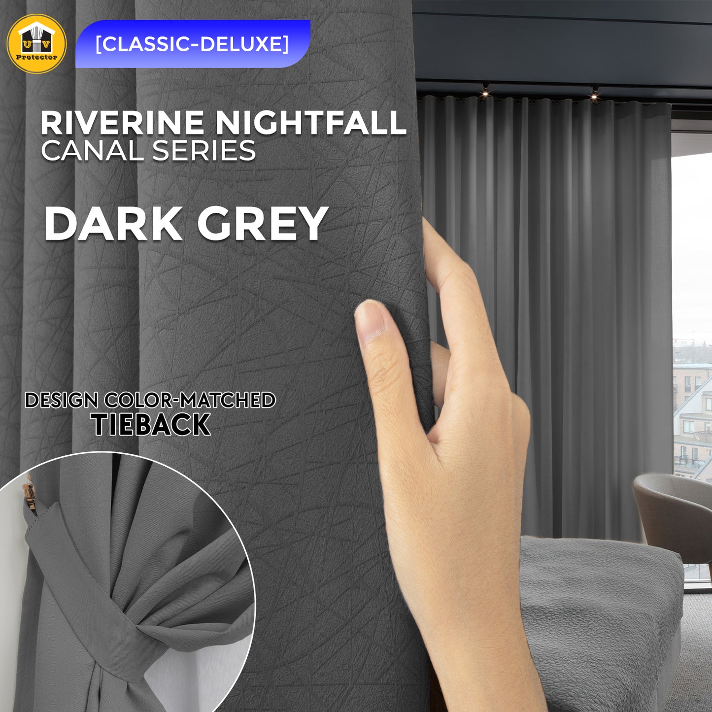 100% Blackout Curtain Riverine Nightfall Hotel Grade Singapore Pleat S Hook Upgrade & Ring Curtain