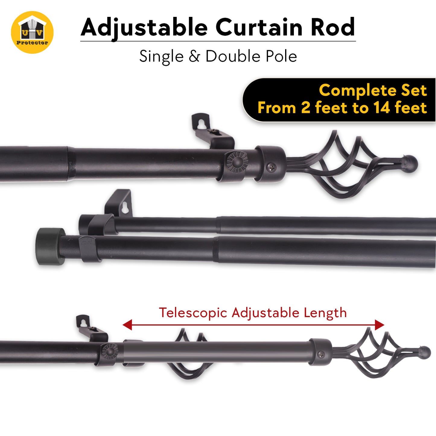 Curtain ROD Telescopic Adjustable Length Single Double Pole Complete Set Accessories Rail Track