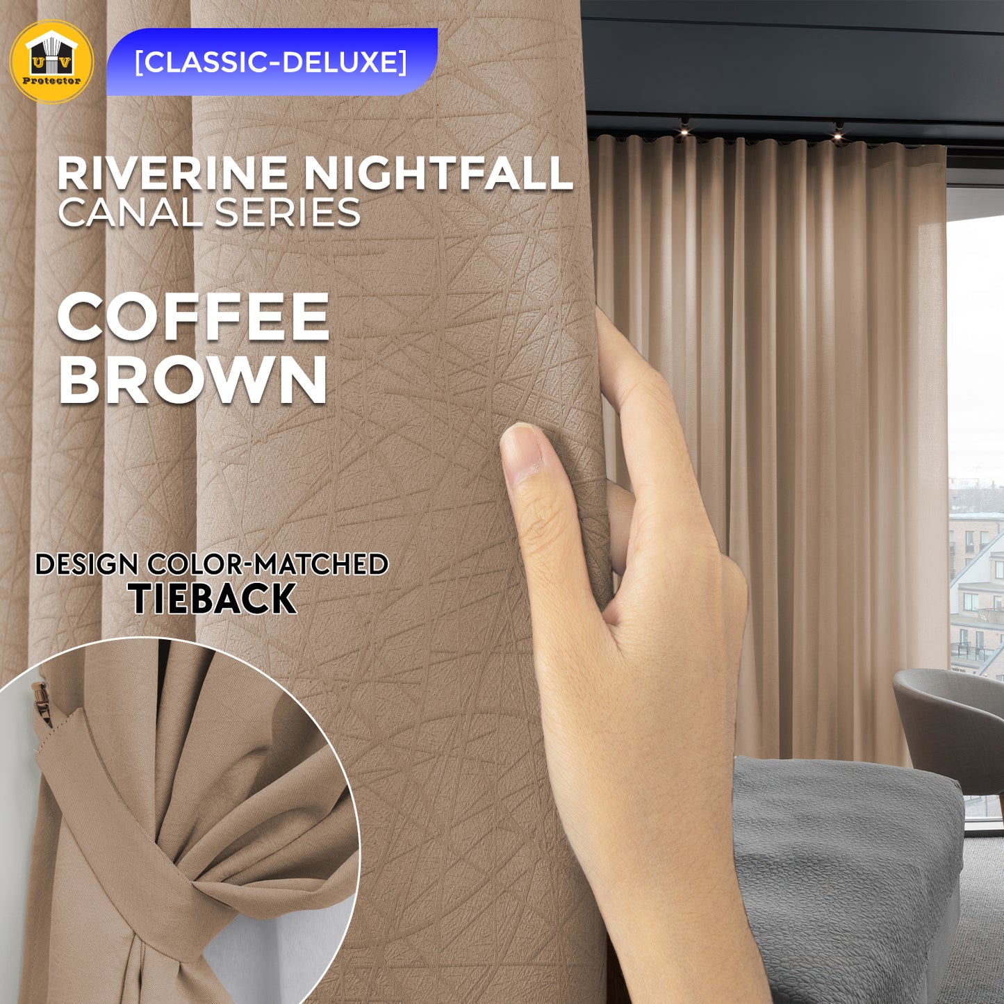 100% Blackout Curtain Riverine Nightfall Hotel Grade Singapore Pleat S Hook Upgrade & Ring Curtain