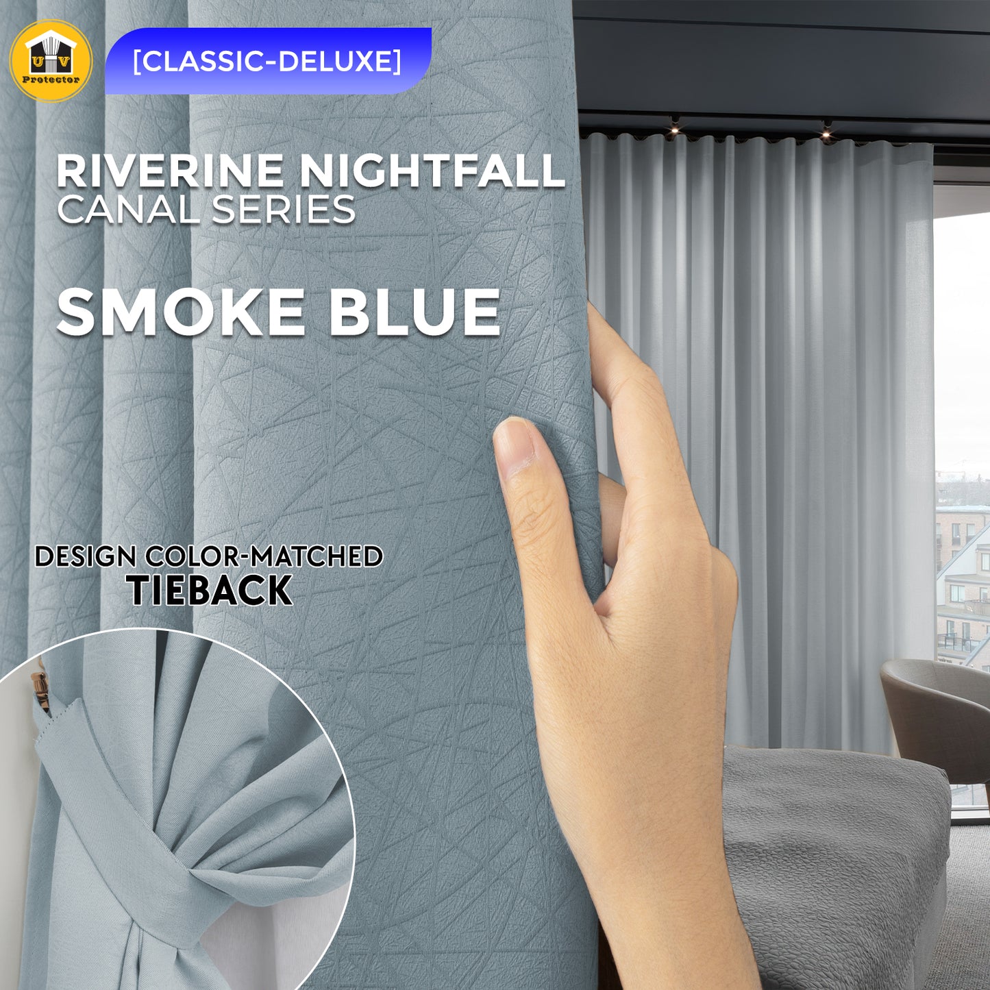 100% Blackout Curtain Riverine Nightfall Hotel Grade Singapore Pleat S Hook Upgrade & Ring Curtain