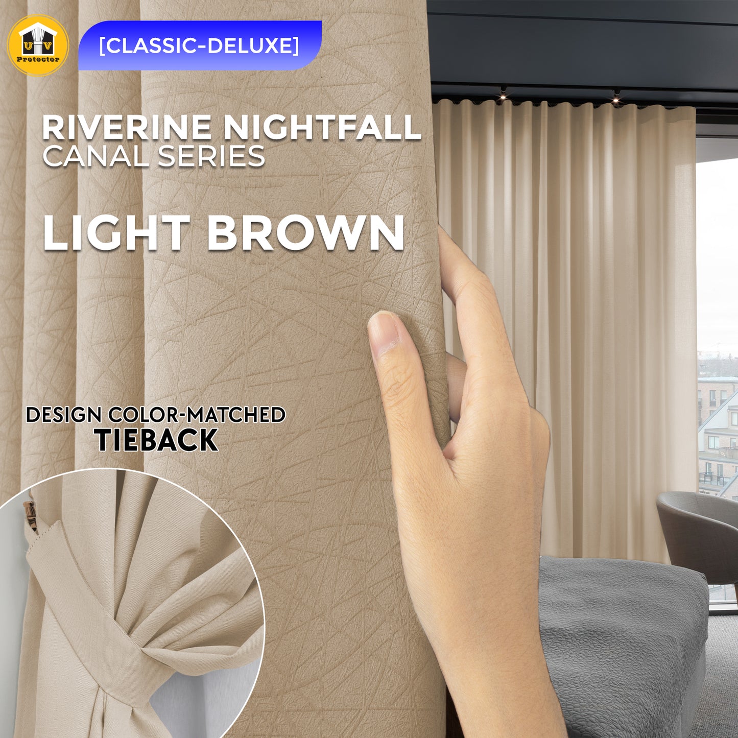 100% Blackout Curtain Riverine Nightfall Hotel Grade Singapore Pleat S Hook Upgrade & Ring Curtain