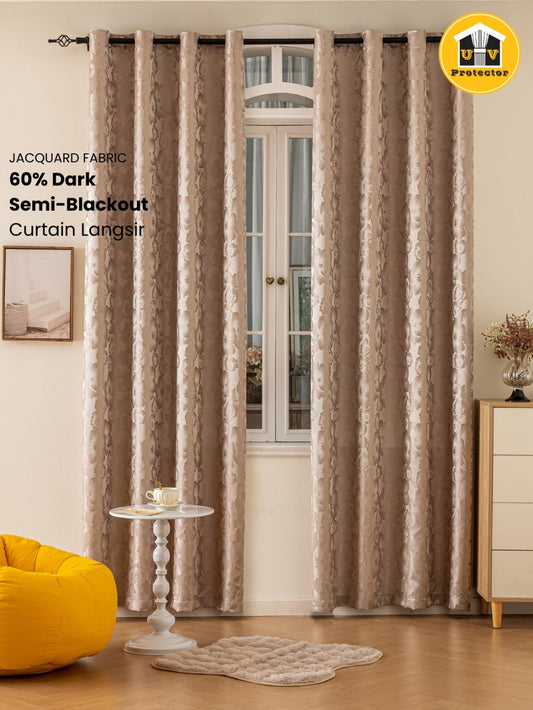 RAYA 2026 NEW Jacquard Langsir Door Window Curtain 60% Dark Semi-Blackout 6 7 8 10 feet Hook Ring