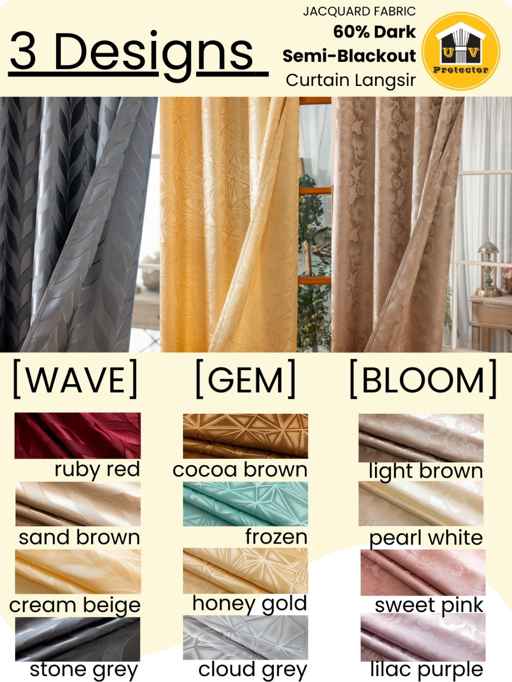RAYA 2026 NEW Jacquard Langsir Door Window Curtain 60% Dark Semi-Blackout 6 7 8 10 feet Hook Ring