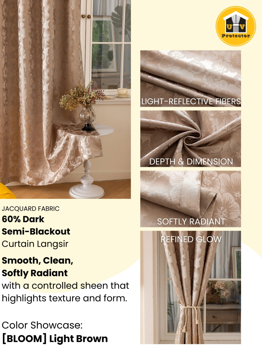 RAYA 2026 NEW Jacquard Langsir Door Window Curtain 60% Dark Semi-Blackout 6 7 8 10 feet Hook Ring
