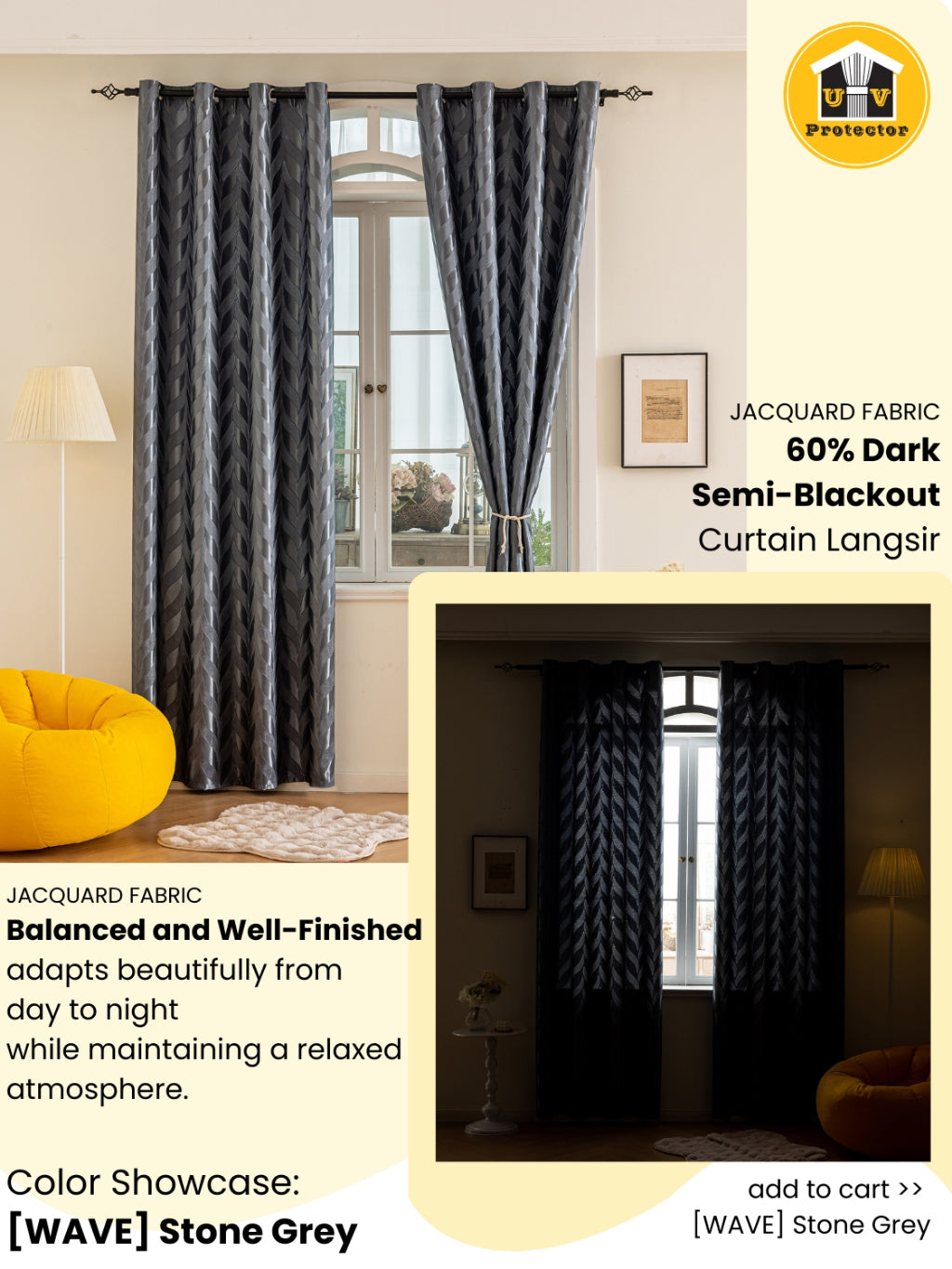 RAYA 2026 NEW Jacquard Langsir Door Window Curtain 60% Dark Semi-Blackout 6 7 8 10 feet Hook Ring