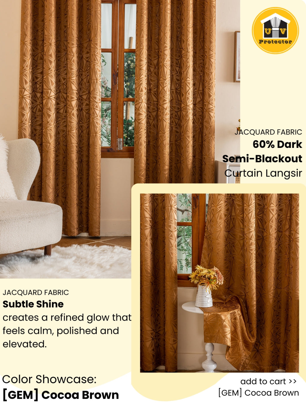 RAYA 2026 NEW Jacquard Langsir Door Window Curtain 60% Dark Semi-Blackout 6 7 8 10 feet Hook Ring