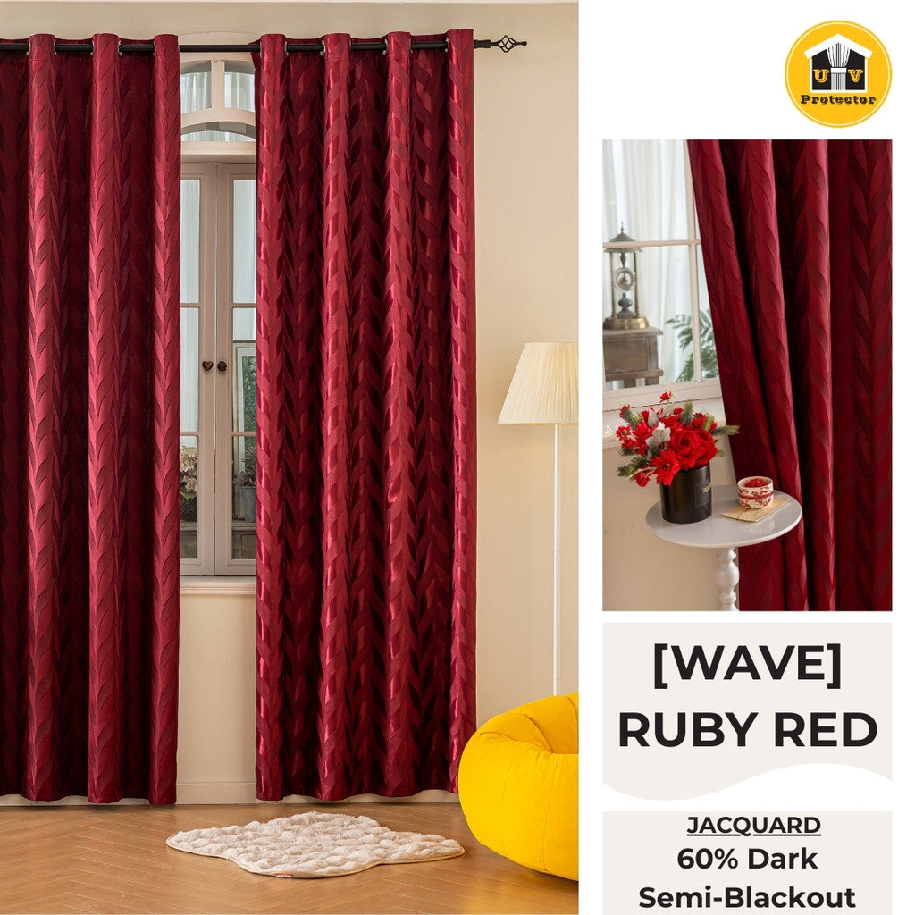 RAYA 2026 NEW Jacquard Langsir Door Window Curtain 60% Dark Semi-Blackout 6 7 8 10 feet Hook Ring