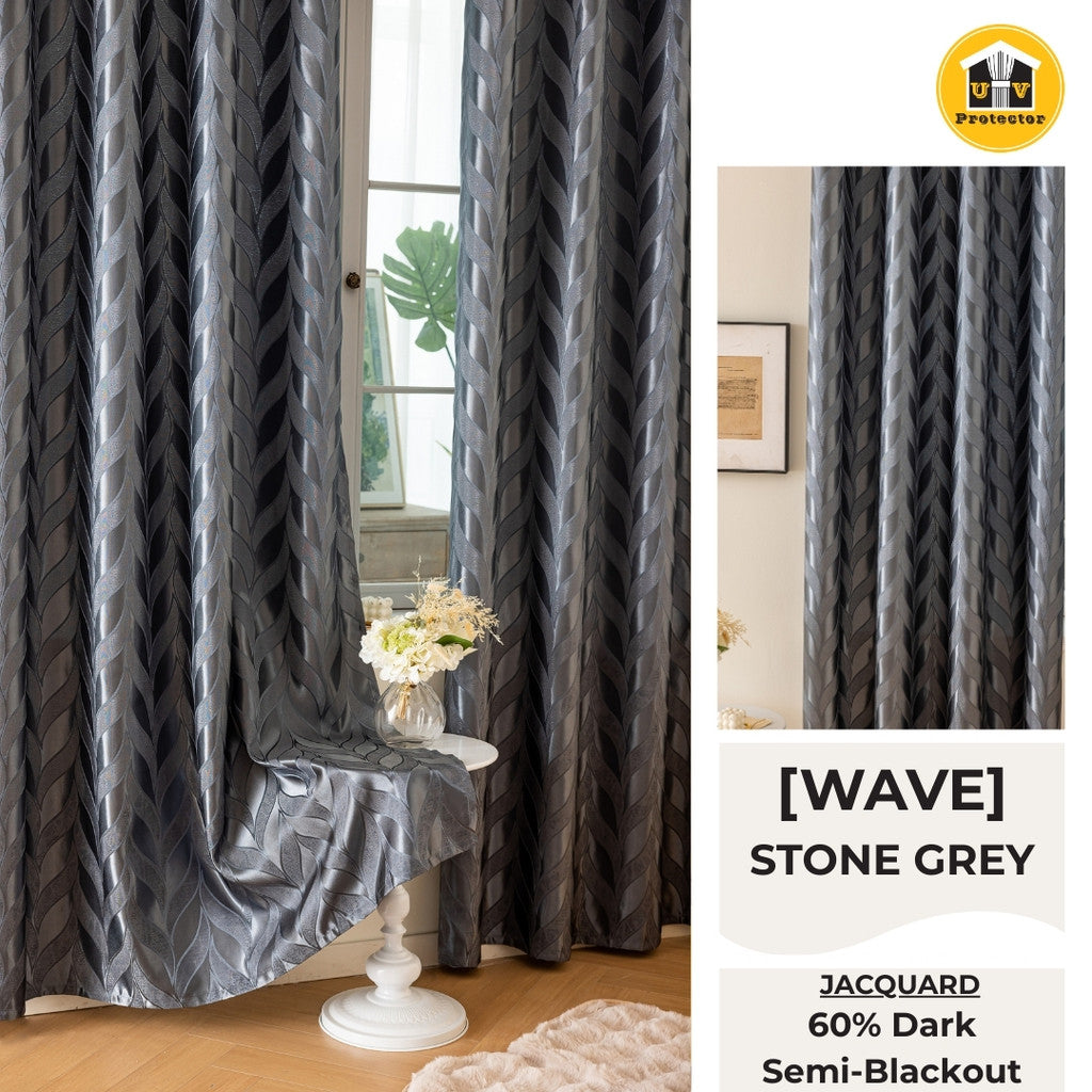 RAYA 2026 NEW Jacquard Langsir Door Window Curtain 60% Dark Semi-Blackout 6 7 8 10 feet Hook Ring