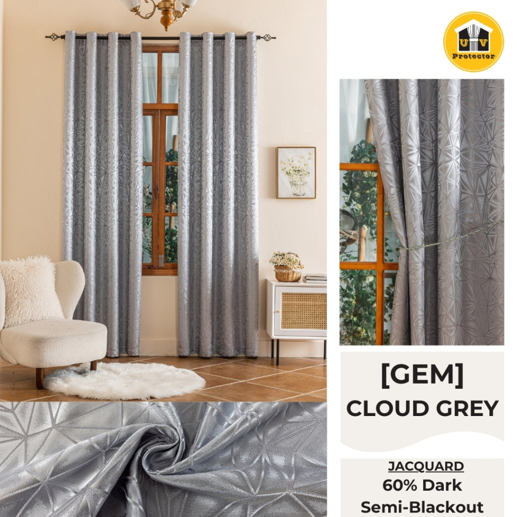 RAYA 2026 NEW Jacquard Langsir Door Window Curtain 60% Dark Semi-Blackout 6 7 8 10 feet Hook Ring