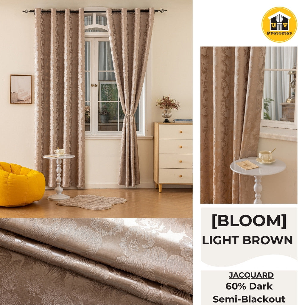 RAYA 2026 NEW Jacquard Langsir Door Window Curtain 60% Dark Semi-Blackout 6 7 8 10 feet Hook Ring