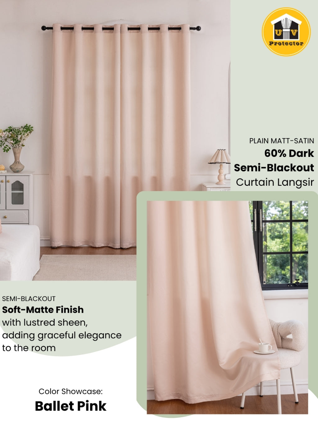 Dopamine Color Curtain Semi-Blackout 60% Dark Matt Satin Plain