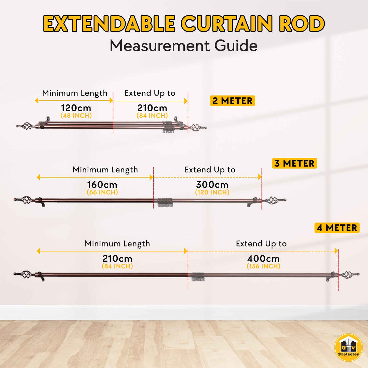 UVP Extendable Single Pole Curtain Rod 2m3m4m