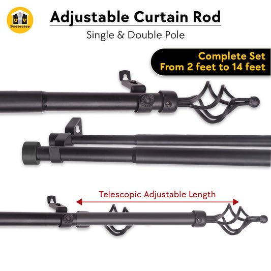 Curtain ROD Telescopic Adjustable Length Single Double Pole Complete Set Accessories Rail Track